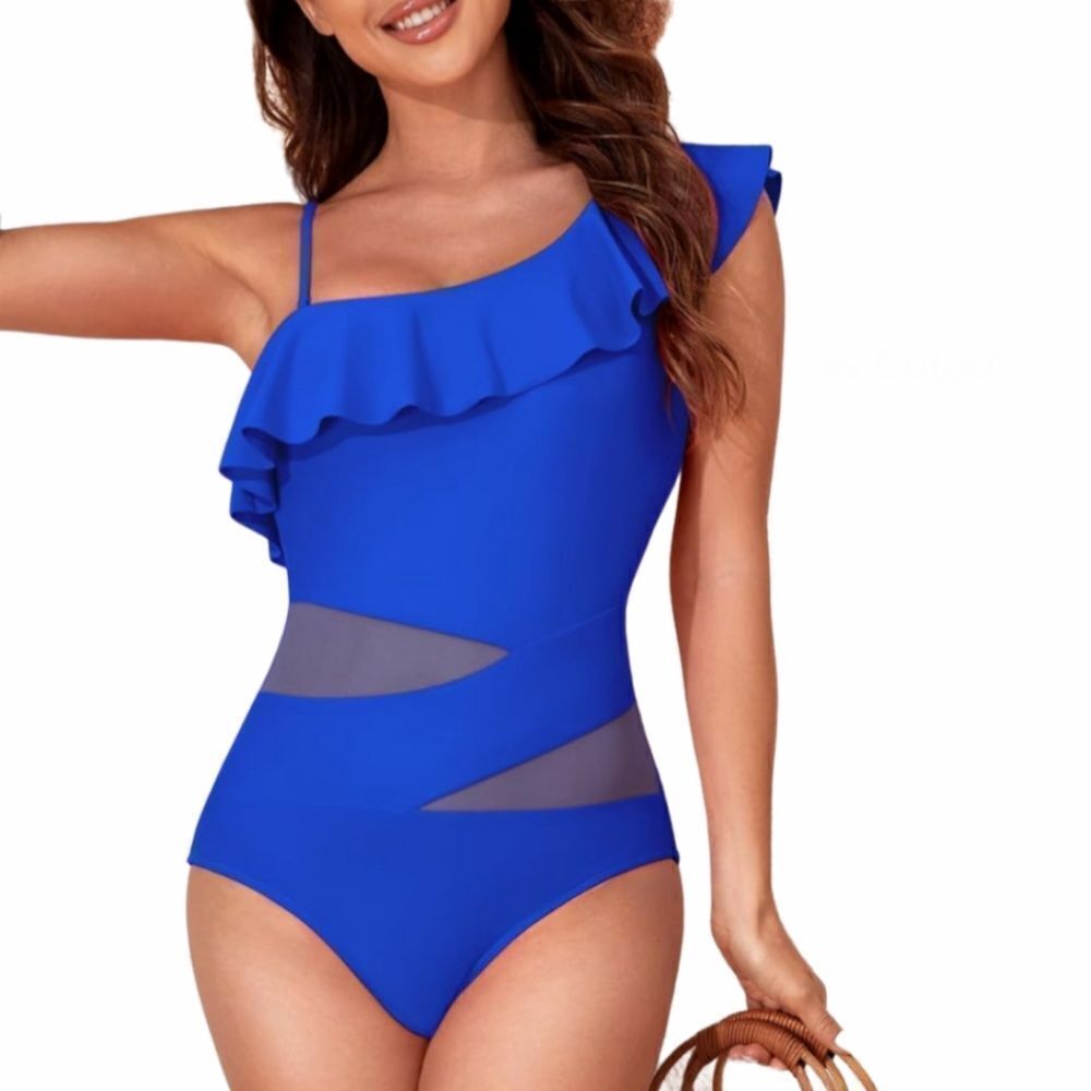 Heytalala Blue One-Shoulder Ruffled Mesh One Piece Swimsuit